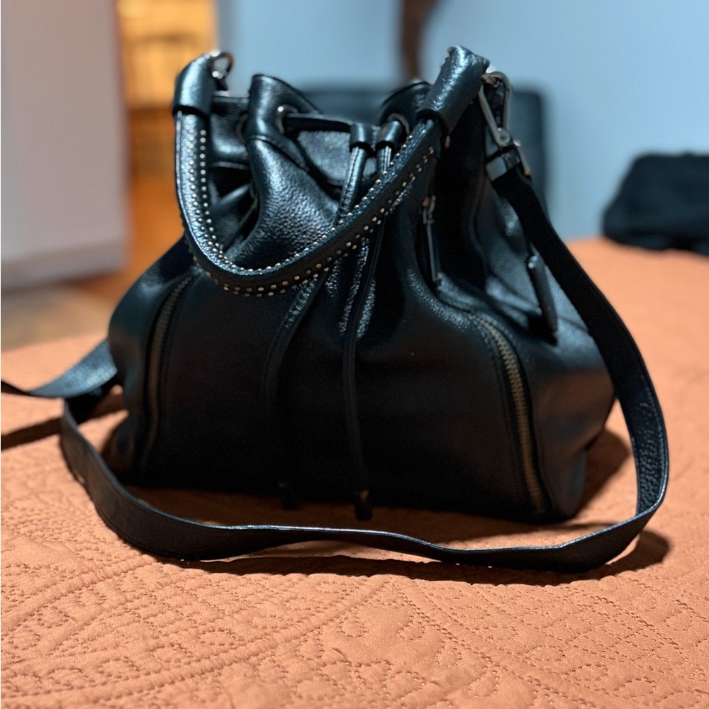 Kenneth Cole Black Leather Satchel Crossbody Purse w/ Studded Strap